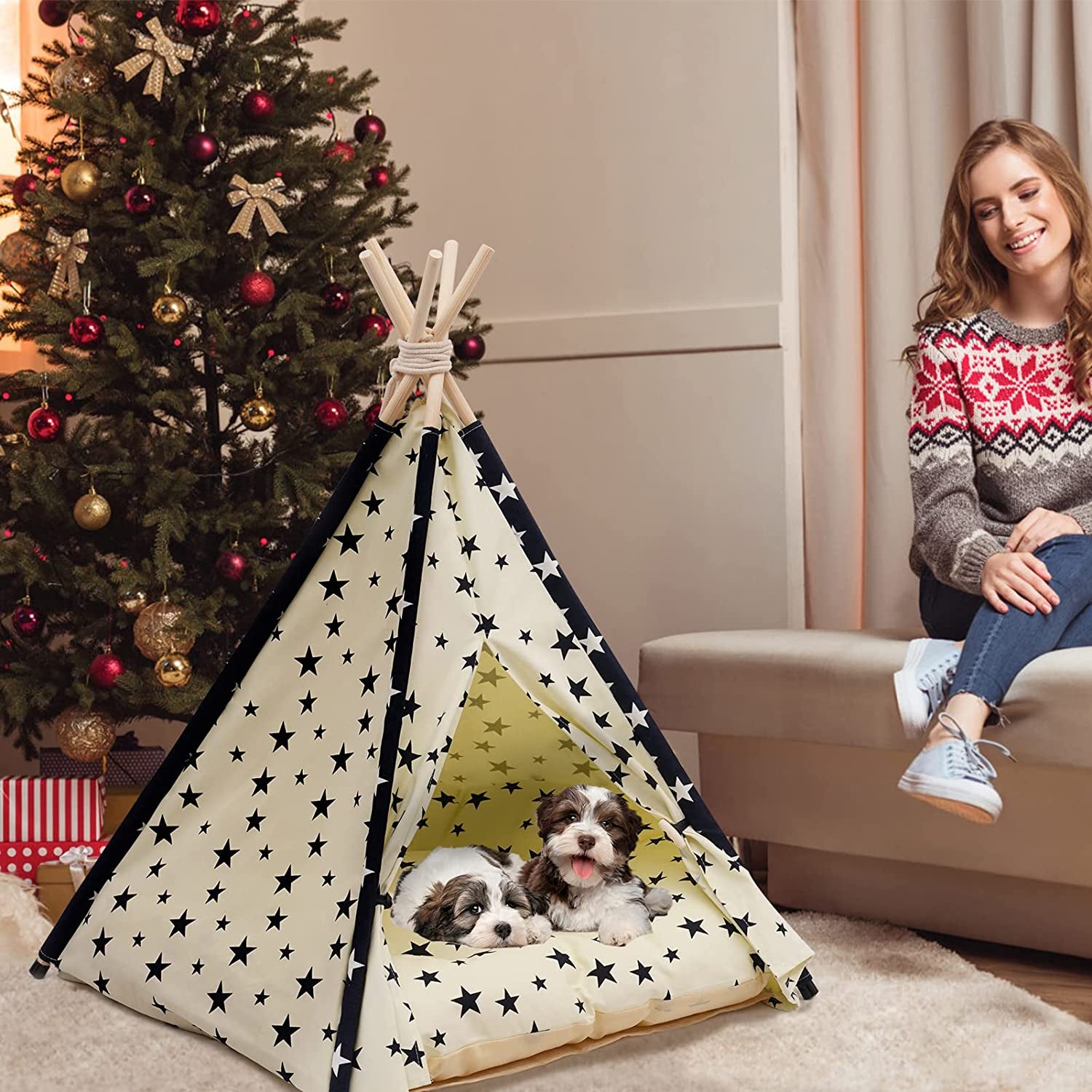 Pet Teepee Tent for Dogs & Cats, 24 Inch Portable Indoor Dog House with Thick Cushion, Cat Teepee Tent Washable Animals & Pet Supplies > Pet Supplies > Dog Supplies > Dog Houses Ealing   