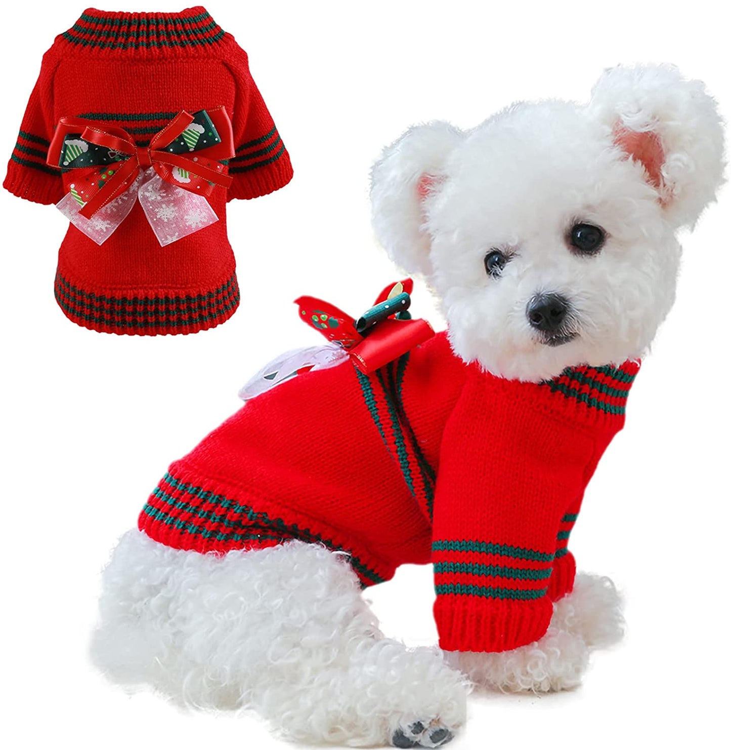 BAEJMJK Dog Christmas Sweater for Small Dogs Warm Puppy Bowknot Jumper Pet Cat Turtleneck Christmas Clothes for Fall Winter（Red,Small） Animals & Pet Supplies > Pet Supplies > Dog Supplies > Dog Apparel BAEJMJK   