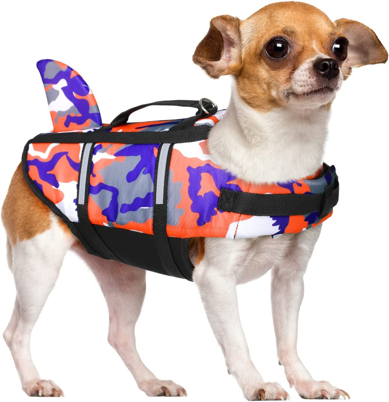 Queenmore Dog Life Jacket Pet Safety Vest High Buoyancy Camouflage Color Cute Shark with Strong Rescue Handle and Leash Ring for Boating, Canoeing, Surfing, Hunting, Blue M Animals & Pet Supplies > Pet Supplies > Dog Supplies > Dog Apparel Queenmore Orange Small 