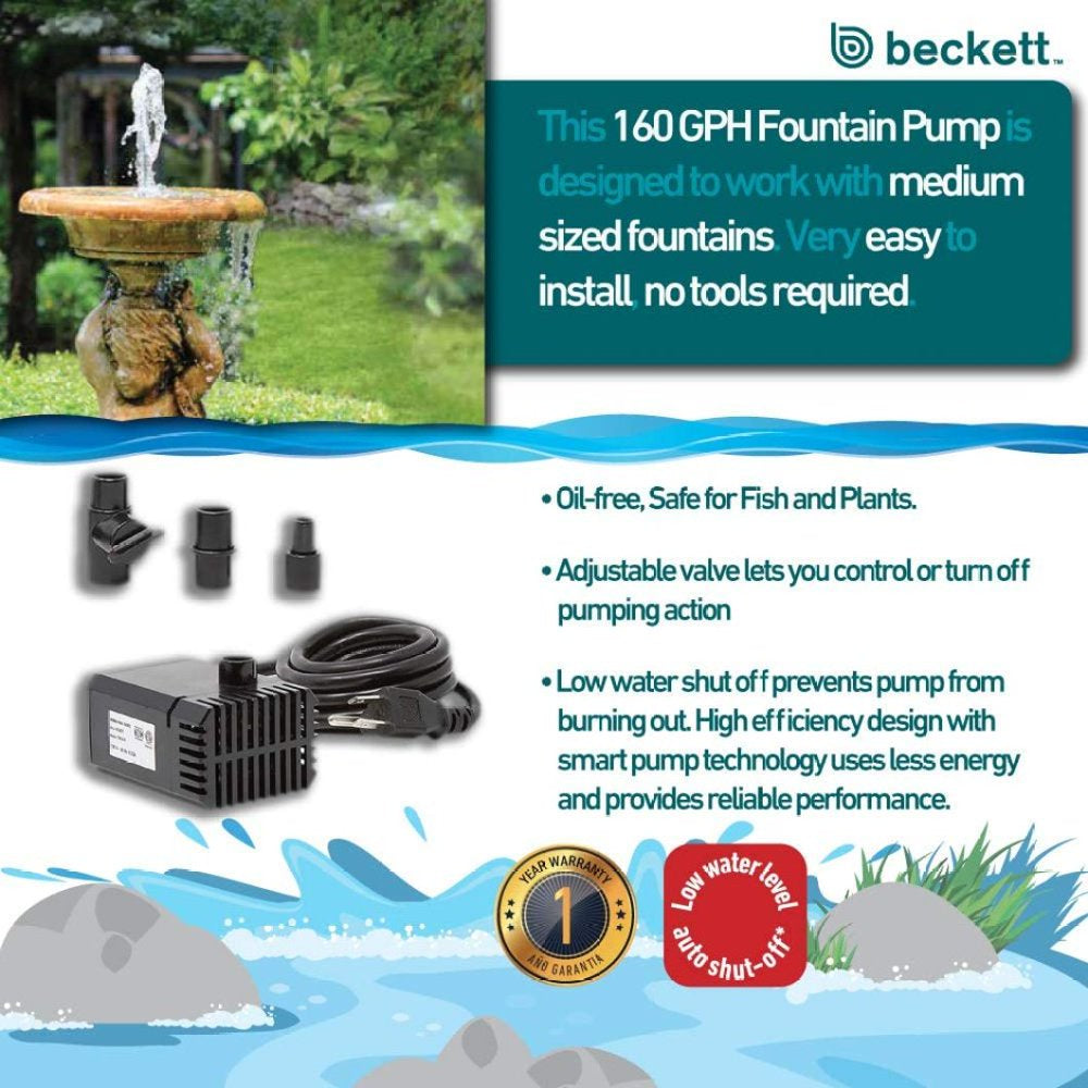 Beckett Corporation 7202610 160 GPH Submersible Auto-Shutoff Small Pump for Indoor/Outdoor Ponds, Fountains, Water Gardens, 4.1 Max Height, Black Animals & Pet Supplies > Pet Supplies > Fish Supplies > Aquarium & Pond Tubing MecenRin   