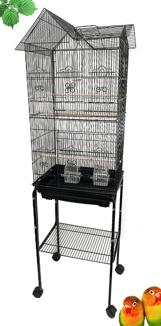 63" Roof Top Bird Flight Rolling Stand Pet Cage for Cockatiel Sun Conure Parakeet Finch Budgie Lovebird Canary Animals & Pet Supplies > Pet Supplies > Bird Supplies > Bird Cages & Stands Mcage Black 18L x 14W x 63H inches 