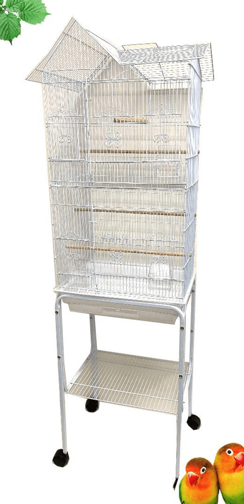 63" Roof Top Bird Flight Rolling Stand Pet Cage for Cockatiel Sun Conure Parakeet Finch Budgie Lovebird Canary Animals & Pet Supplies > Pet Supplies > Bird Supplies > Bird Cages & Stands Mcage White 18L x 14W x 63H inches 