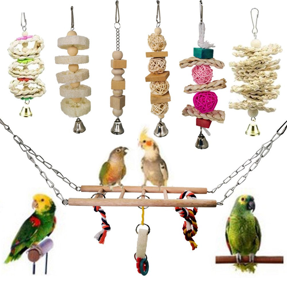 Bangcool 7PCS Bird Toy Set Hanging Wood Parrot Perch Finch Ladder Bird Chew Toy with Bell Animals & Pet Supplies > Pet Supplies > Bird Supplies > Bird Ladders & Perches Bangcool   