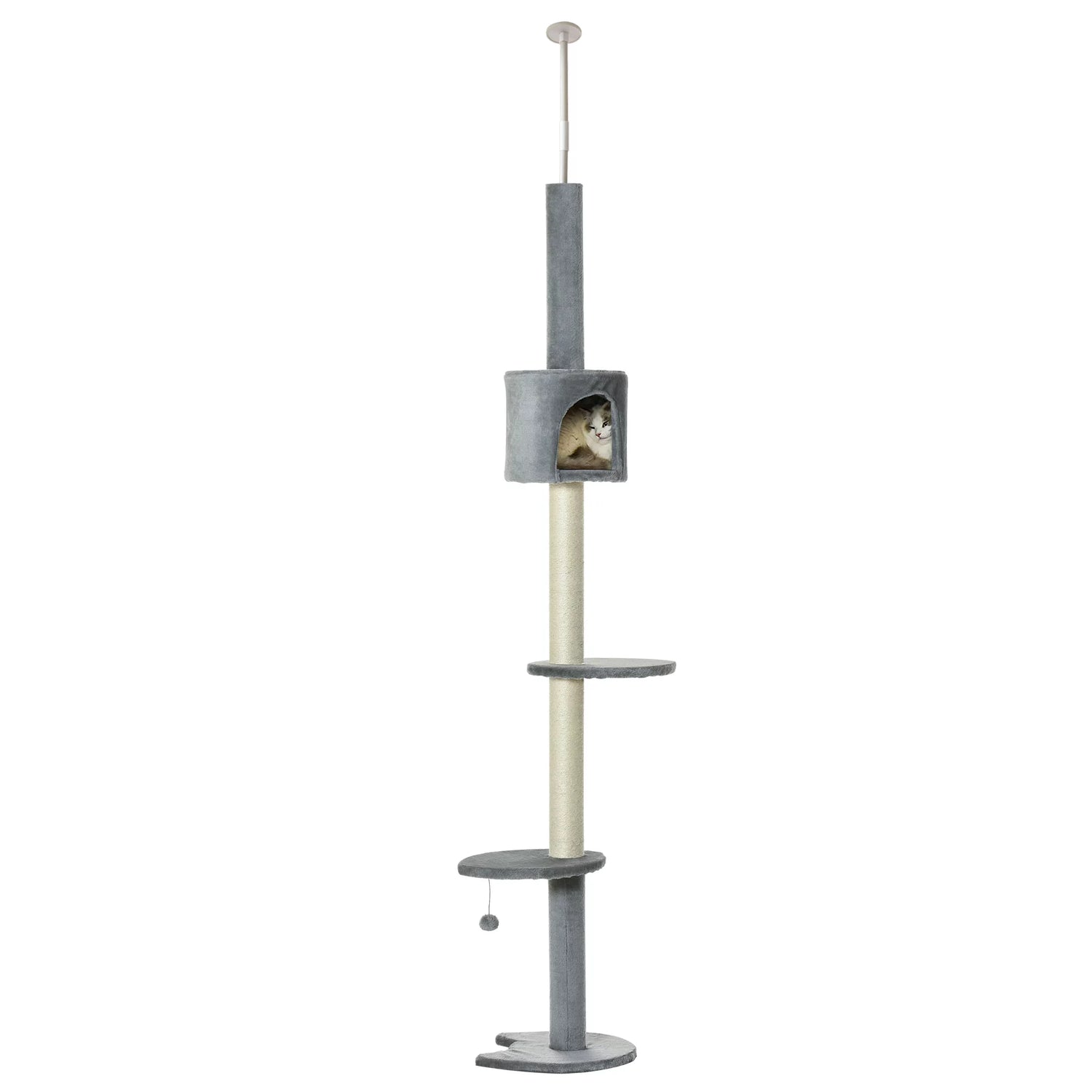 Pawhut 110" Cat Tree Height Adjustable Floor-To-Ceiling 4-Tier Kitty Climbing Activity Center Condo Cat Toy with Scratching Post Hanging Balls Play Rest Post Pet Furniture Grey