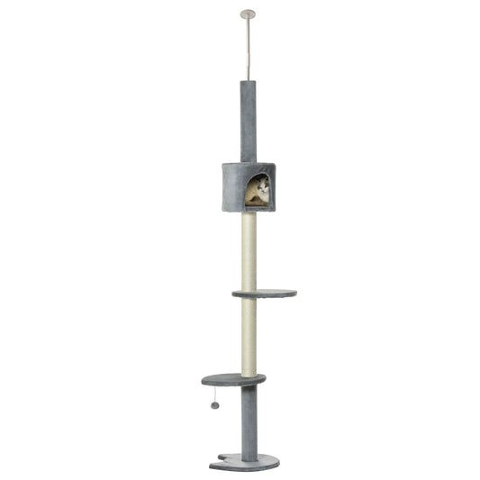 Pawhut 110" Cat Tree Height Adjustable Floor-To-Ceiling 4-Tier Kitty Climbing Activity Center Condo Cat Toy with Scratching Post Hanging Balls Play Rest Post Pet Furniture Grey Animals & Pet Supplies > Pet Supplies > Cat Supplies > Cat Furniture Aosom LLC   