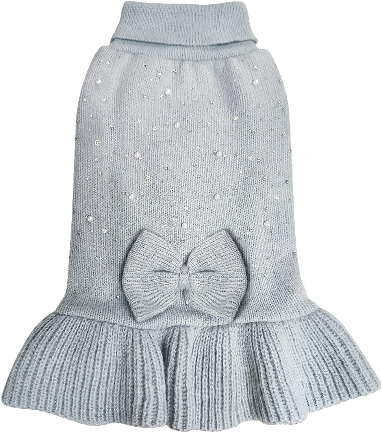 KYEESE Dog Sweater Dress with Golden Thread Turtleneck Dog Knitwear with Bowtie for Small Dogs Dog Coat Fall Winter, Beige,M Animals & Pet Supplies > Pet Supplies > Dog Supplies > Dog Apparel kyeese 3#Rhinestone (Grey) X-Small (3-4lbs) 