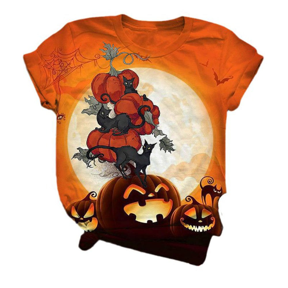 Sherrylily Women Halloween Fall T Shirts Pumpkin Lantern Cat Witch Print Tops Animals & Pet Supplies > Pet Supplies > Cat Supplies > Cat Apparel Sherrylily Orange 2XL 