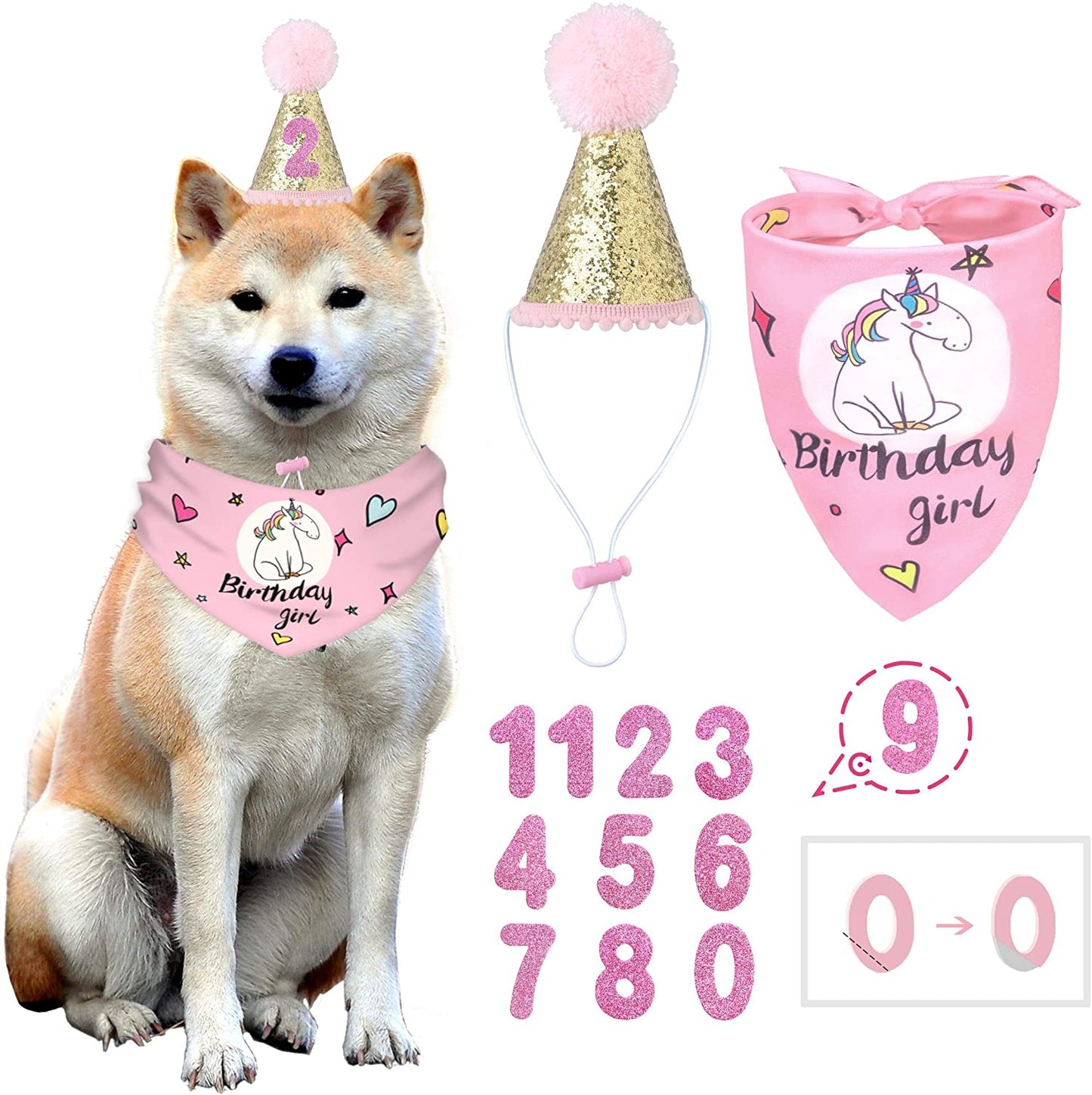 BANMODER Dog Birthday Bandana Square Scarf and Reusable Cute Doggie Birthday Party Hat with 0-8 Figures for Girls Boy (Pink) Animals & Pet Supplies > Pet Supplies > Dog Supplies > Dog Apparel BANMODER PINK  