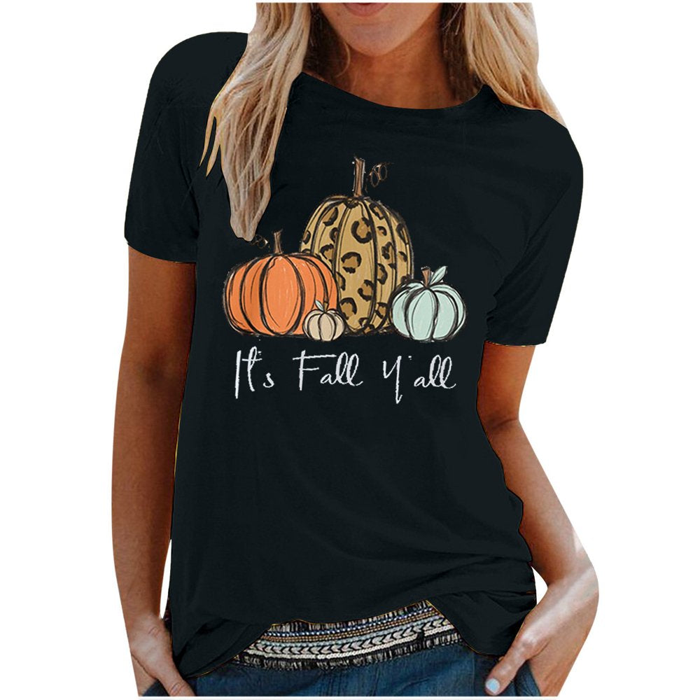 It'S Fall Y'All Women Tops Short Sleeve Pumpkin Graphic Tees Shirts 2022 round Neck Cute T-Shirt Animals & Pet Supplies > Pet Supplies > Cat Supplies > Cat Apparel BRKEWI C-Black L 