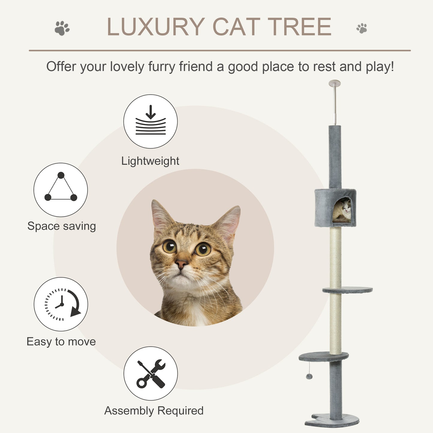 Pawhut 110" Cat Tree Height Adjustable Floor-To-Ceiling 4-Tier Kitty Climbing Activity Center Condo Cat Toy with Scratching Post Hanging Balls Play Rest Post Pet Furniture Grey