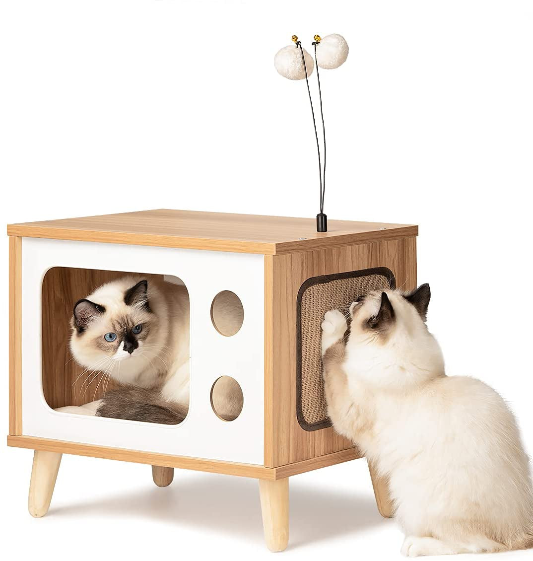 MZDXJ Cat House Wooden Cat Condo Cat Bed Indoor Tv-Shaped Sturdy Large Luxury Cat Shelter Furniture with Cushion Cat Scratcher Bell Ball Toys