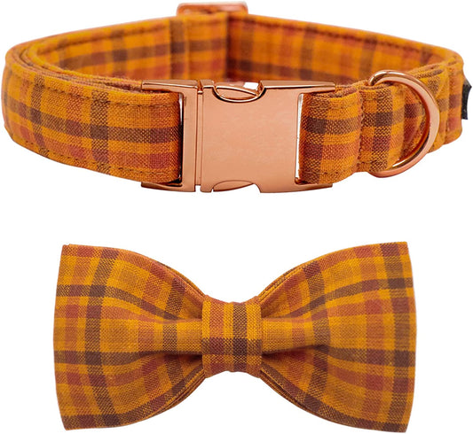 Maca Bates Dog Collar with Bow Tie- Adjustable Bows for Puppy Dogs with Metal Buckle Collar, Thanksgiving Day Halloween Dog Collar Bowtie for Small Medium or Large Boy and Girl Dog and Cat Animals & Pet Supplies > Pet Supplies > Dog Supplies > Dog Apparel M MACA BATES pumpkin grid bow XX-Small 