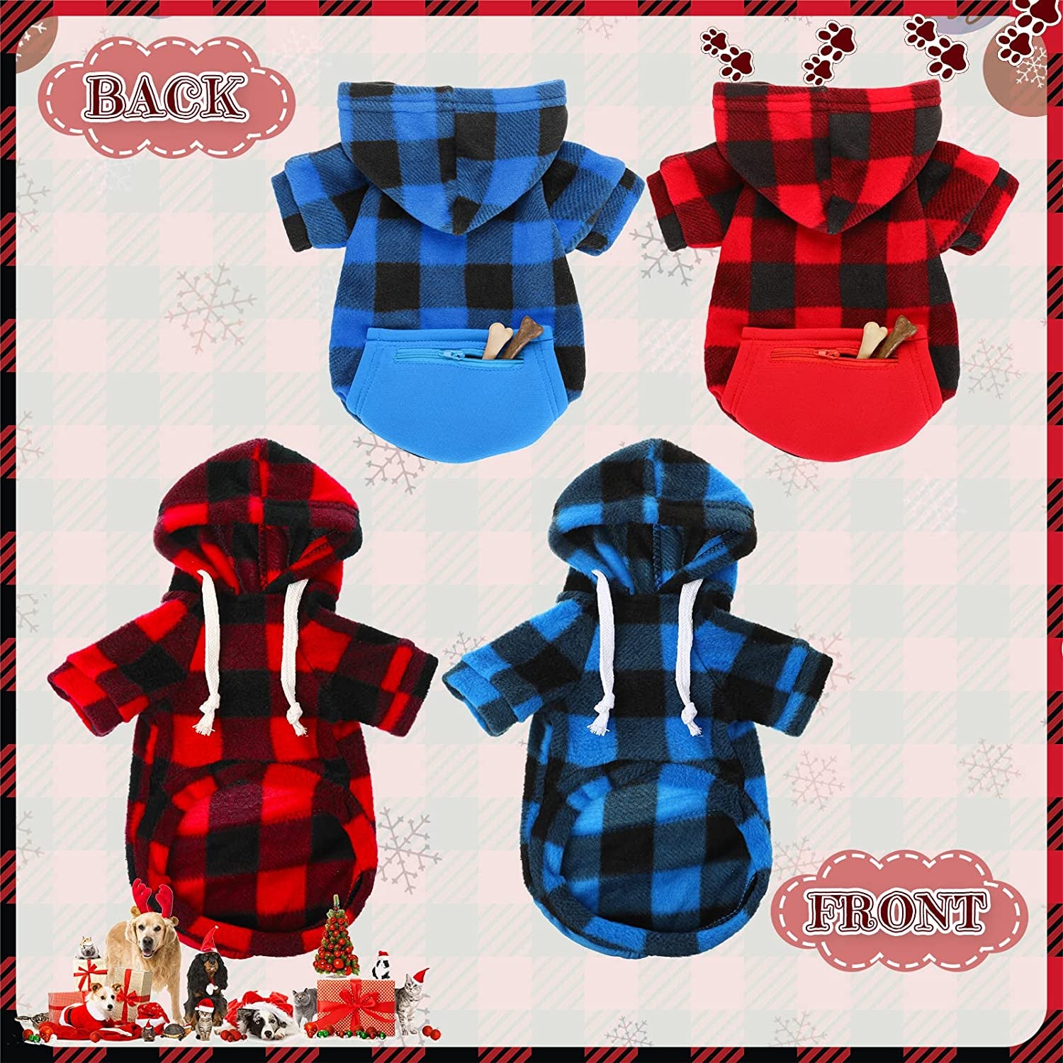 Saintrygo 4 Pieces Dog Hoodie Christmas Winter Warm Clothing with Pockets for Small Dogs Sweater Hood Sweaters Hat Chihuahua Coat Puppy Cat Custume (Plaid, Large), Blue,White Animals & Pet Supplies > Pet Supplies > Dog Supplies > Dog Apparel Saintrygo   