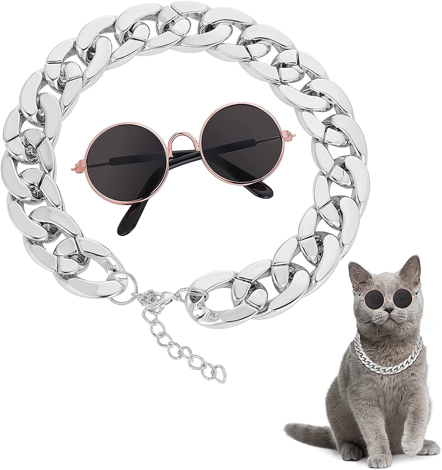 Molain Cat Sunglasses Gold Chain Costume Decorations- Cat UV Protection Classic Retro Puppy Retro Black Sunglasses Faux Rose Gold Adjustable Chain Cosplay Costume Cool Funny Photo Props Animals & Pet Supplies > Pet Supplies > Dog Supplies > Dog Apparel Molain 1 Black Sunglasses+1 Silver Chain  