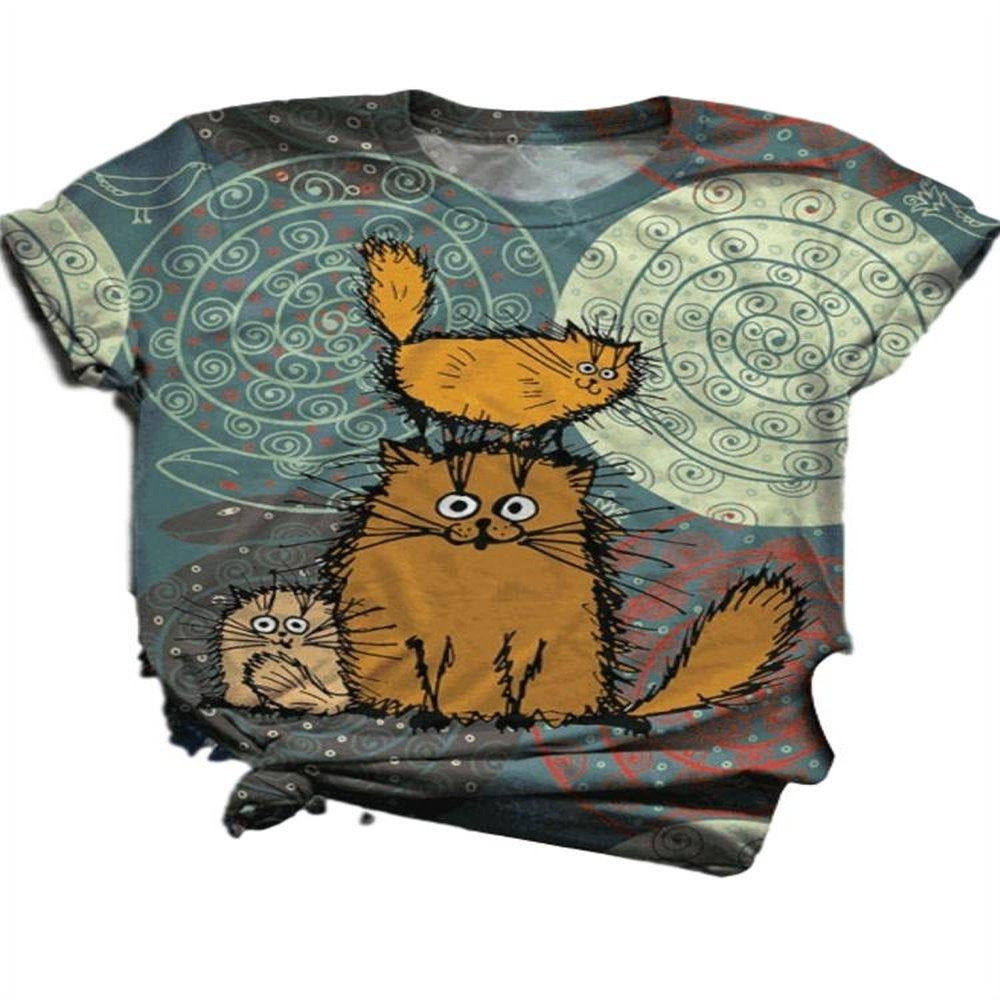 NGMQ Funny Cat Print Women Short Sleeve plus Size T-Shirt Animals & Pet Supplies > Pet Supplies > Cat Supplies > Cat Apparel NGMQ Green S 