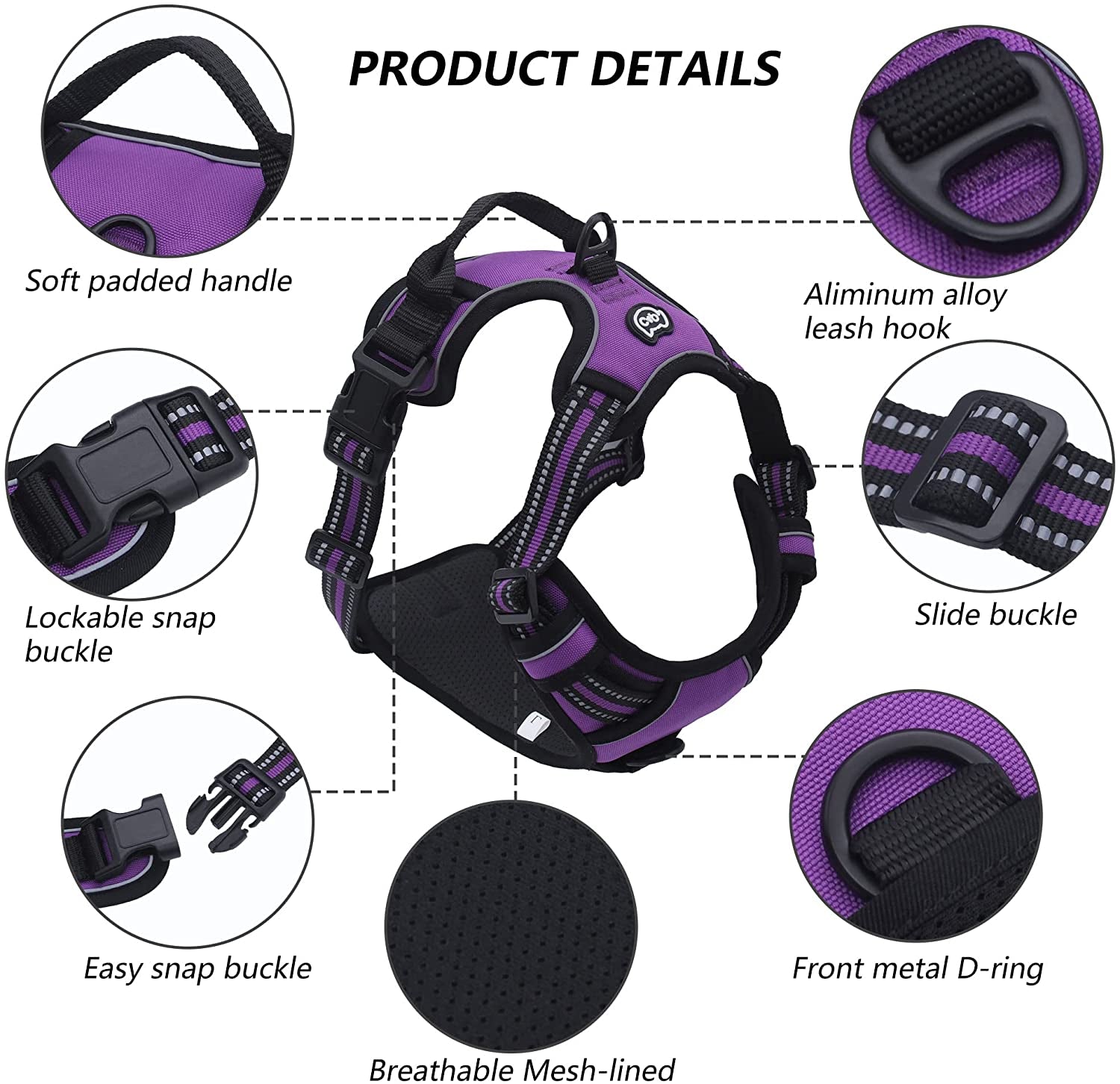 C4P No Pull Dog Harness for Medium Dogs, Dog Vest Harness for Training, Safety Fully Adjustable Dog Collar, Reflective Strip No-Choke Pet Oxford Walking Vest with Handle for Medium Dogs Purple M Animals & Pet Supplies > Pet Supplies > Dog Supplies > Dog Apparel C4P   