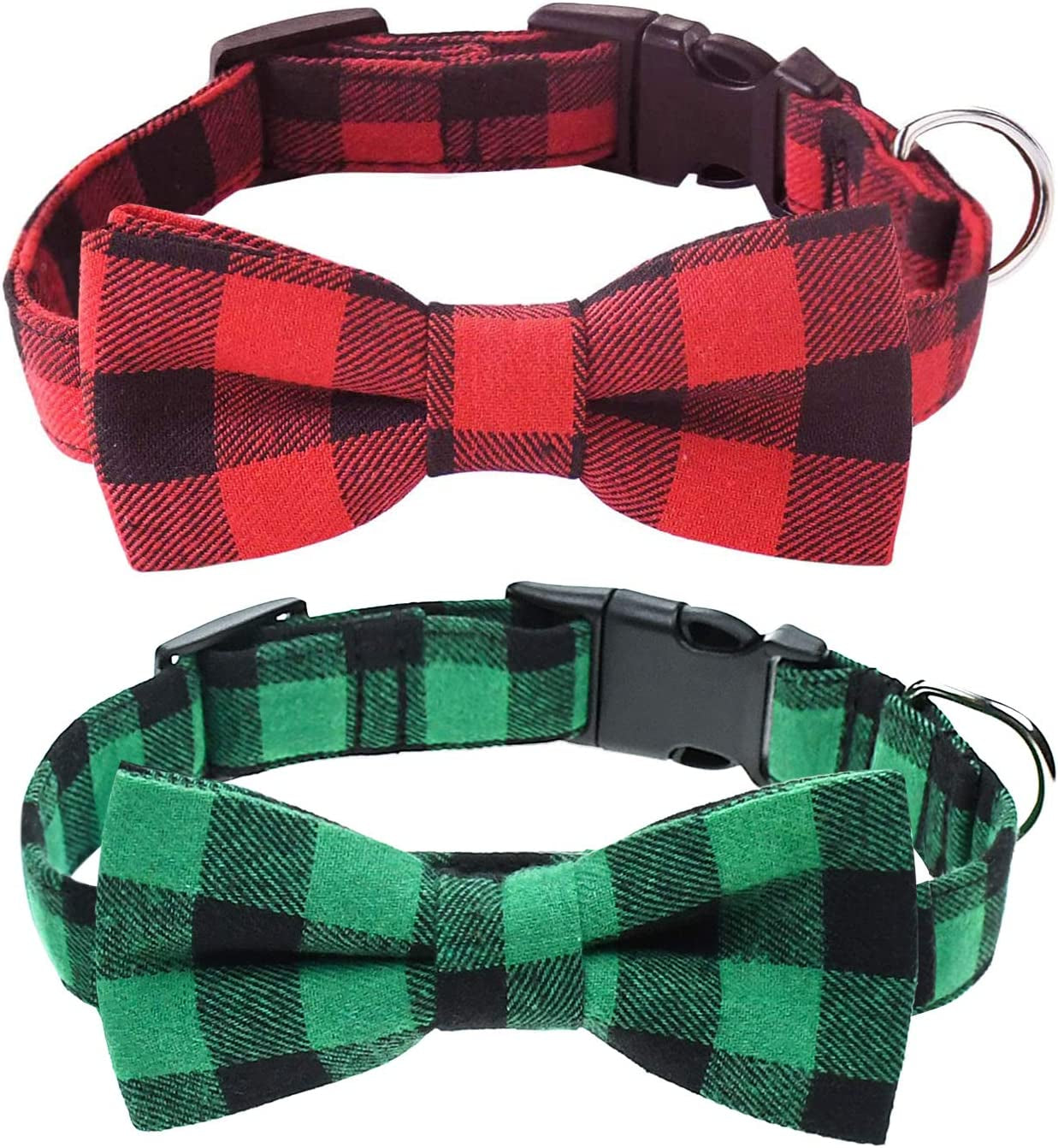 Malier 2 Pack Dog Collar with Bow Tie, Christmas Classic Plaid Pattern Dog Collar with Light Adjustable Buckle Suitable for Small Medium Large Dogs Cats Pets (Small, Red + Green) Animals & Pet Supplies > Pet Supplies > Dog Supplies > Dog Apparel Malier Red + Green Small 