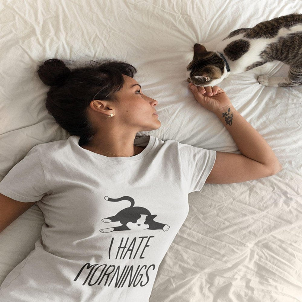 Tstars Womens Cat Lovers Shirt Cute Cat Cute Cat Shirt for Teen Girls and Women I Hate Mornings Lazy Funny Humor Pet Animal Lovers Shirt Gift Cat Clothing Gifts for Her Graphic Tee