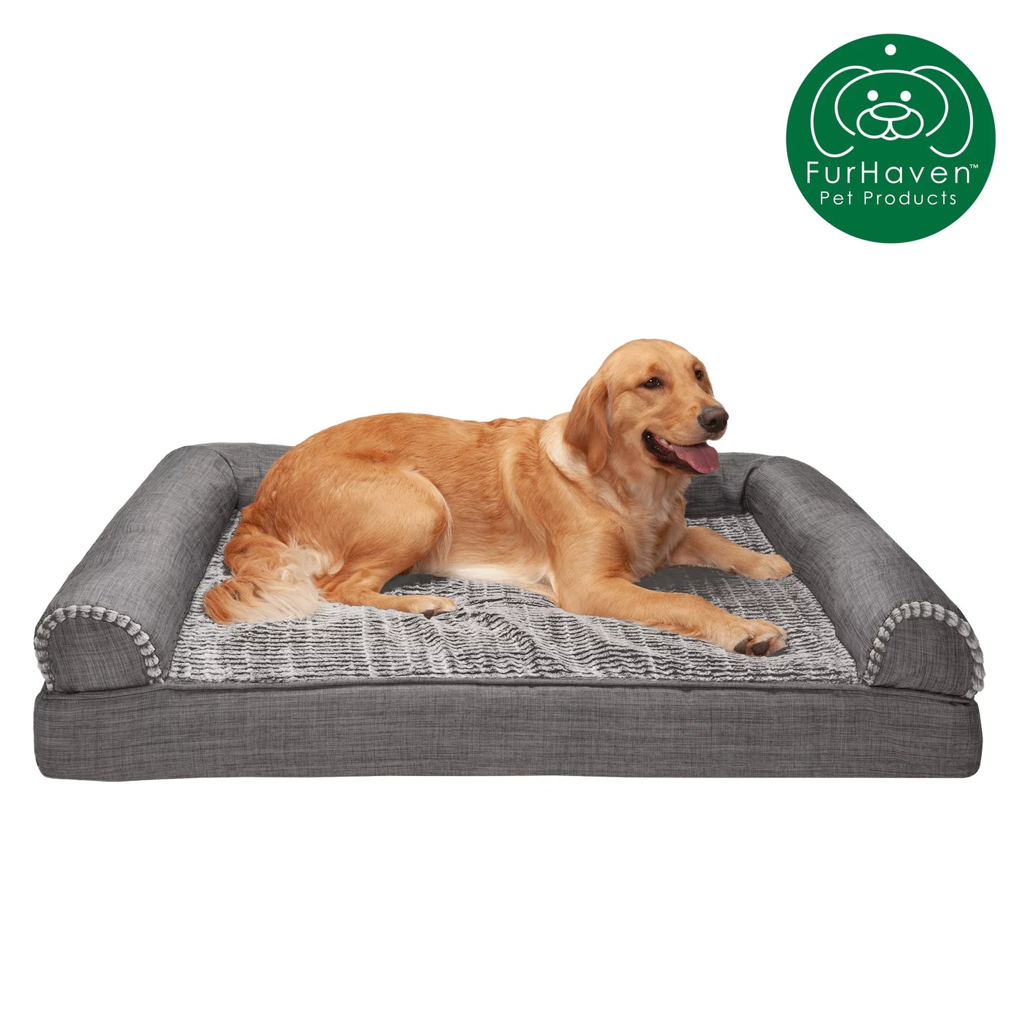 Furhaven Pet Products Cooling Gel Memory Foam Orthopedic Luxe Fur & Performance Linen Sofa-Style Couch Pet Bed for Dogs & Cats, Woodsmoke, Jumbo Animals & Pet Supplies > Pet Supplies > Cat Supplies > Cat Beds FurHaven Pet Cooling Gel Foam Jumbo Charcoal