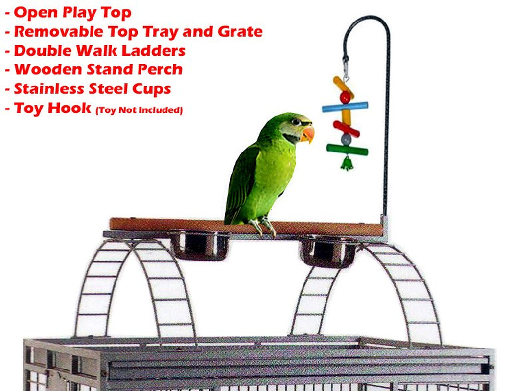 Large Elegant and Durable Wrought Iron Bird Parrot Open Play Top with Toy Hook Rolling Cage with Seed Guard