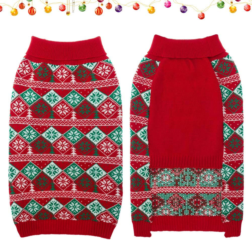 PAWCHIE Dog Sweater - Warm and Soft Winter Knitted Turtleneck Red New Year Rhombus and Snowflake Patterns Cold Weather Dog Coat, Holiday Pet Sweaters for Small Medium Large Dogs Animals & Pet Supplies > Pet Supplies > Dog Supplies > Dog Apparel PAWCHIE   