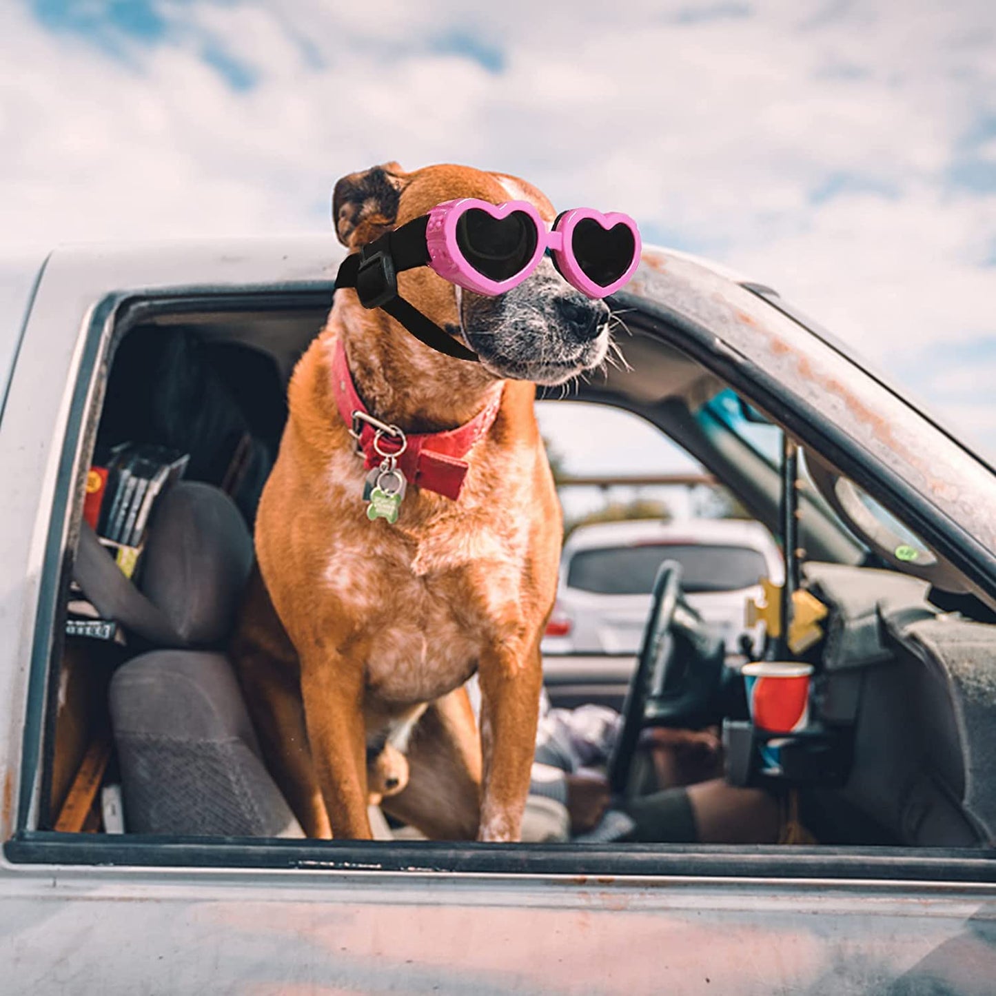 Small Dog Sunglasses, Heart Shape Dog Goggles, Eye Wear Protection With Adjustable Strap for Dogs about over 15 Lbs Black + Pink Animals & Pet Supplies > Pet Supplies > Dog Supplies > Dog Apparel RTUDOPUYT   