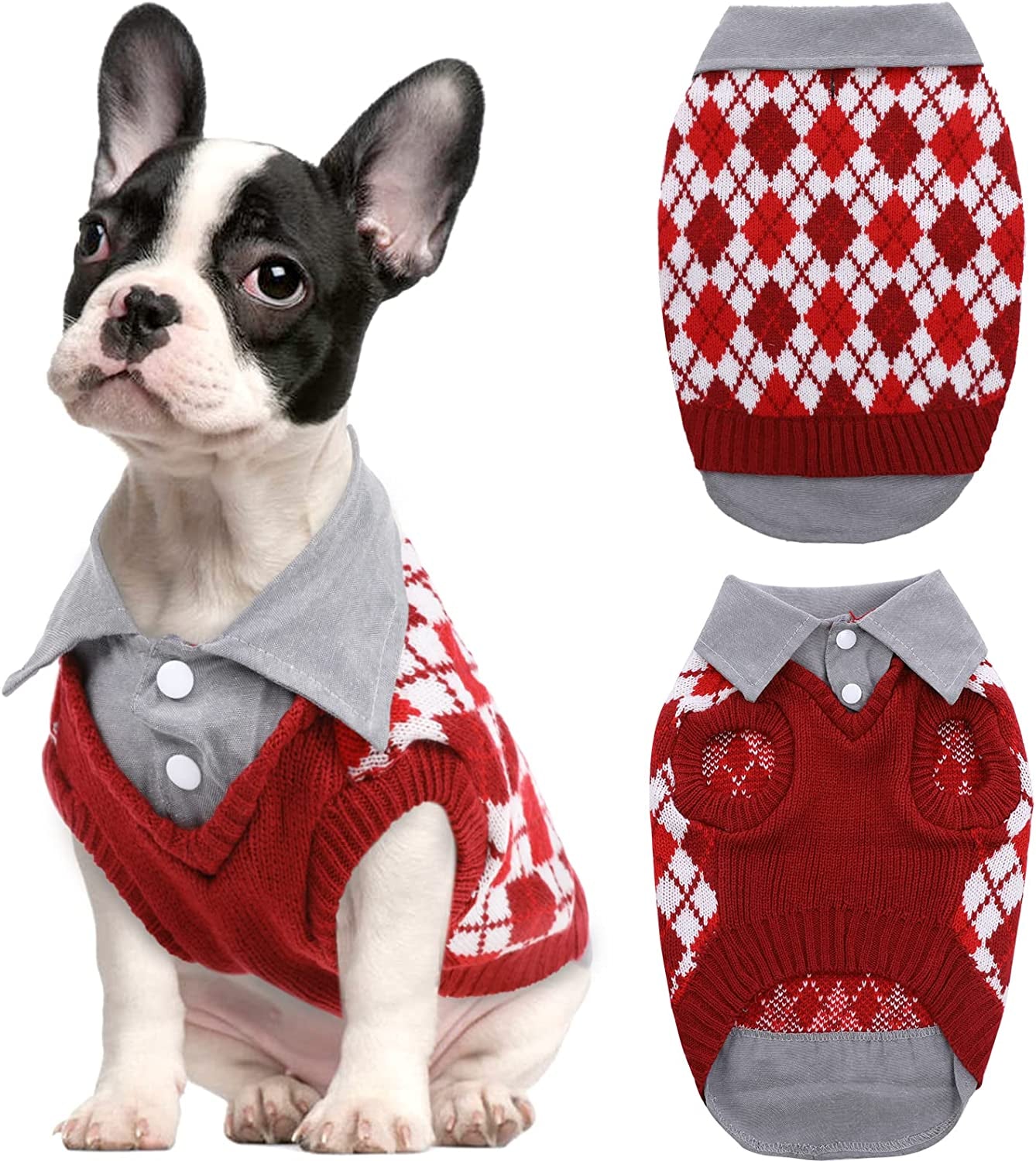 Kuoser Plaid Dog Sweater Warm Clothes, Patchwork Design Pet Dog Knitwear Classic Pullover Puppy Coat Cold Weather Sweatshirts with Leash Hole for Small Medium Cats Dogs (XS, Blue) Animals & Pet Supplies > Pet Supplies > Dog Supplies > Dog Apparel Kuoser Red Large (pack of 1) 