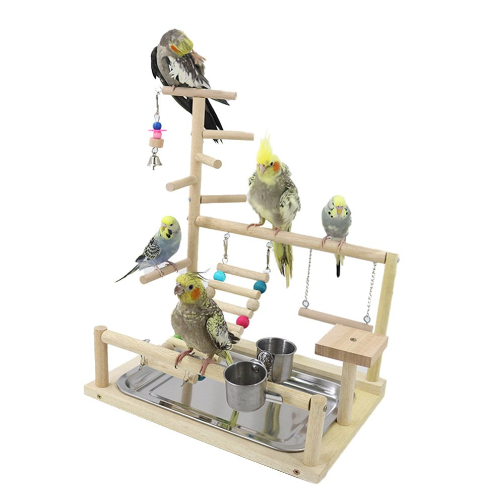 BYDOT Wood Perch Gym Playpen Ladder with Feeder Cups for Lovebirds Parakeet Cage Gift for Bird Lover Easy to Use Clean Durable