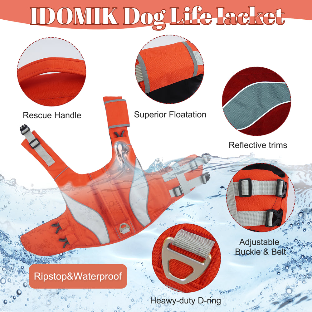 IDOMIK Dog Life Jacket, Reflective Dog Life Vest, Adjustable Ripstop Dog Lifesaver Pet Life Preserver with High Flotation Swimsuit for Small Medium and Large Dogs Animals & Pet Supplies > Pet Supplies > Dog Supplies > Dog Apparel IDOMIK   