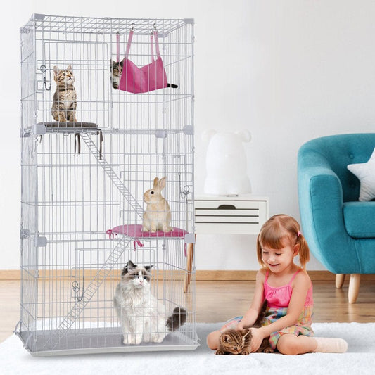 67 Inch Cat Cage Cat Kennel Large Cat Playpen for Indoor Cats with Free Hammock 3 Cat Bed 3 Front Doors 2 Ramp Ladders Perching Shelves, White Animals & Pet Supplies > Pet Supplies > Dog Supplies > Dog Kennels & Runs Dkeli White  