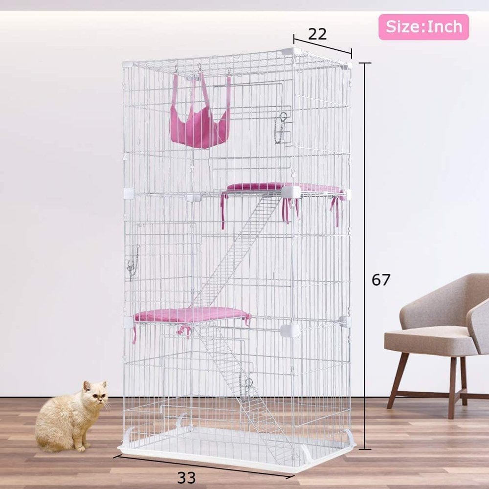 67 Inch Cat Cage Cat Kennel Large Cat Playpen for Indoor Cats with Free Hammock 3 Cat Bed 3 Front Doors 2 Ramp Ladders Perching Shelves, White