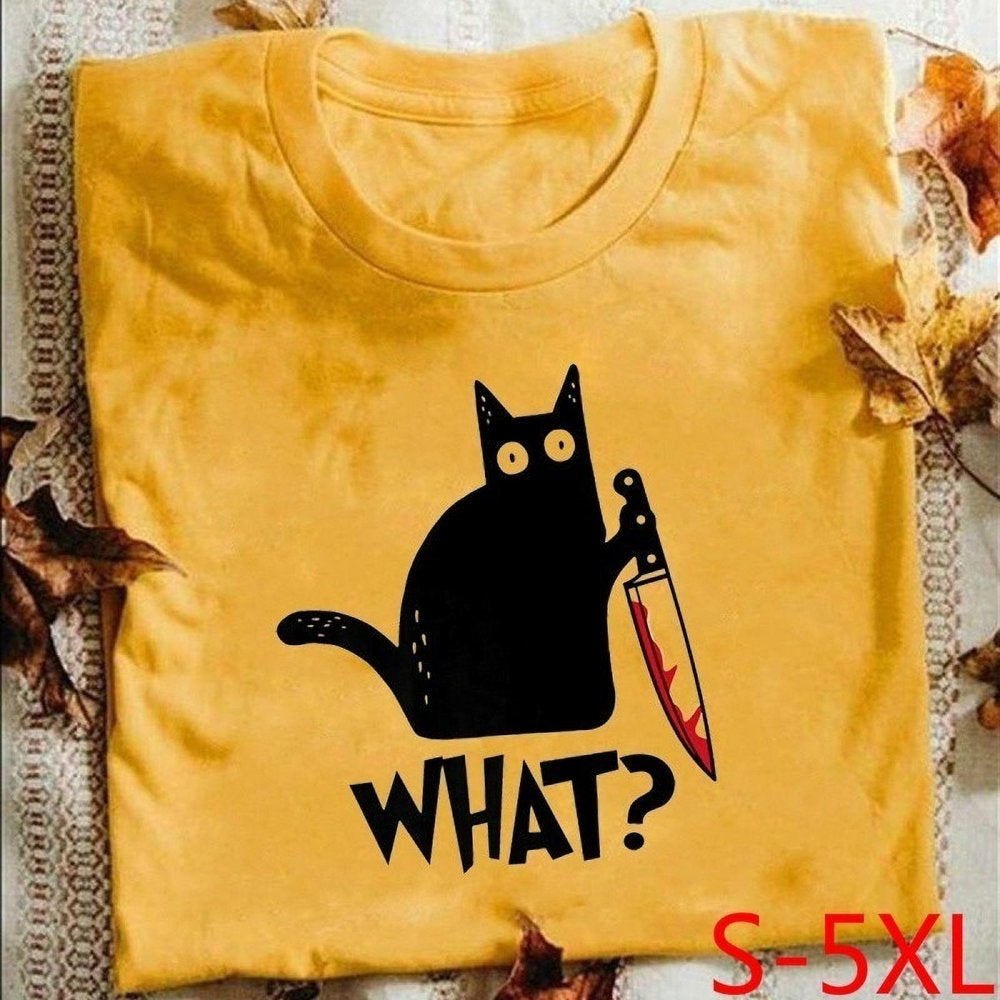 NGMQ Women Cat Printed Funny Short Sleeve T Shirt Halloween Gift Shirt Animals & Pet Supplies > Pet Supplies > Cat Supplies > Cat Apparel NGMQ Yellow 4XL 