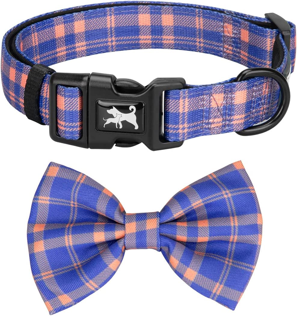 Poypet Plaid Dog Collar Bow Tie Set - Cute Adjustable Soft for Small Puppy (Checkered Beige,S) Animals & Pet Supplies > Pet Supplies > Dog Supplies > Dog Apparel PoyPet Checkered Blue & Orange Large (Pack of 1) 