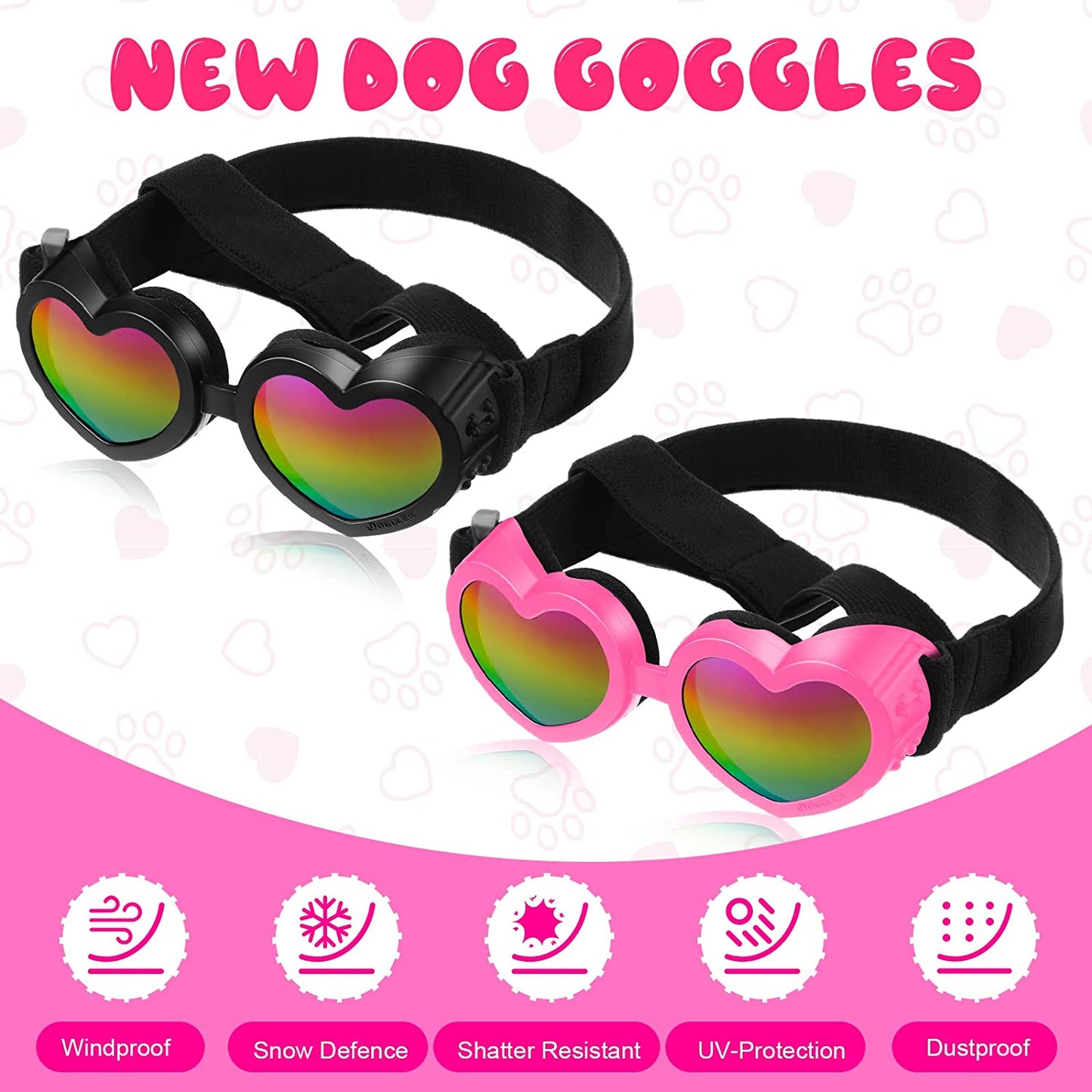 2 Pcs Dog Sunglasses Heart Shape Dog Goggles Small Medium Breed Dog Eye Protection Goggles anti Fog Glasses with Adjustable Strap for Dog Pet Windproof Foldable Eye Wear (Black, Pink) Animals & Pet Supplies > Pet Supplies > Dog Supplies > Dog Apparel Geelin   