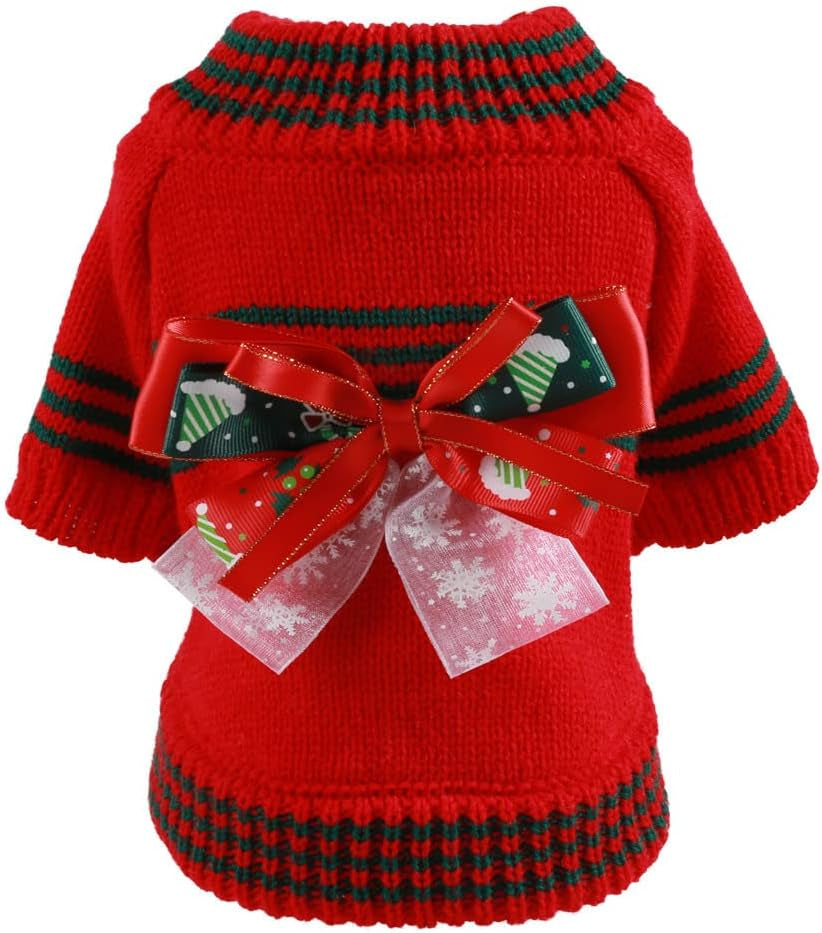 BAEJMJK Dog Christmas Sweater for Small Dogs Warm Puppy Bowknot Jumper Pet Cat Turtleneck Christmas Clothes for Fall Winter（Red,Small） Animals & Pet Supplies > Pet Supplies > Dog Supplies > Dog Apparel BAEJMJK Red Medium 