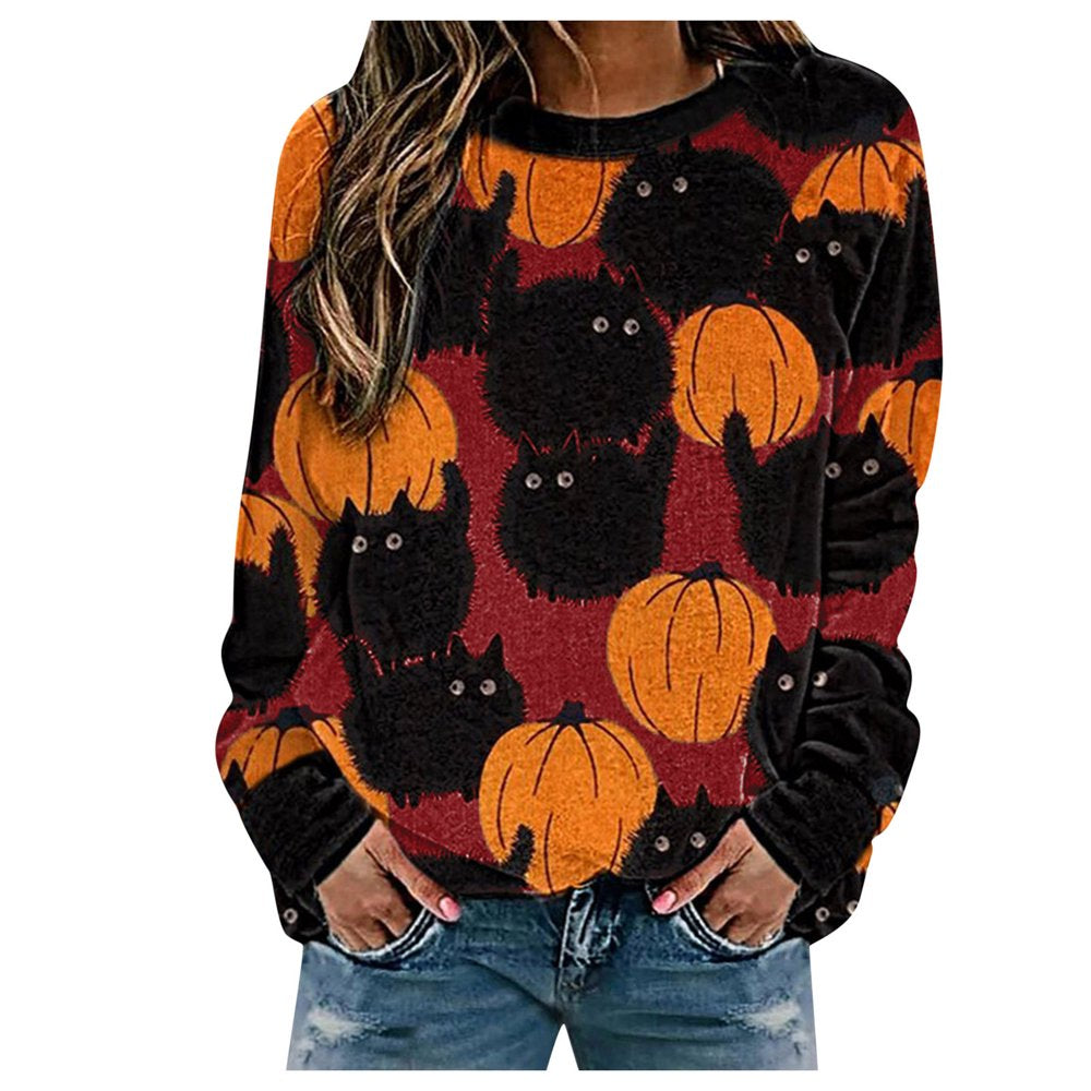 Follure Women Halloween Tops T-Shirt Black Cats Pumpkin Print Long Sleeve Crenwck Pullover Sweatshirt Animals & Pet Supplies > Pet Supplies > Cat Supplies > Cat Apparel Follure Halloween Pullover #Red XXXL 