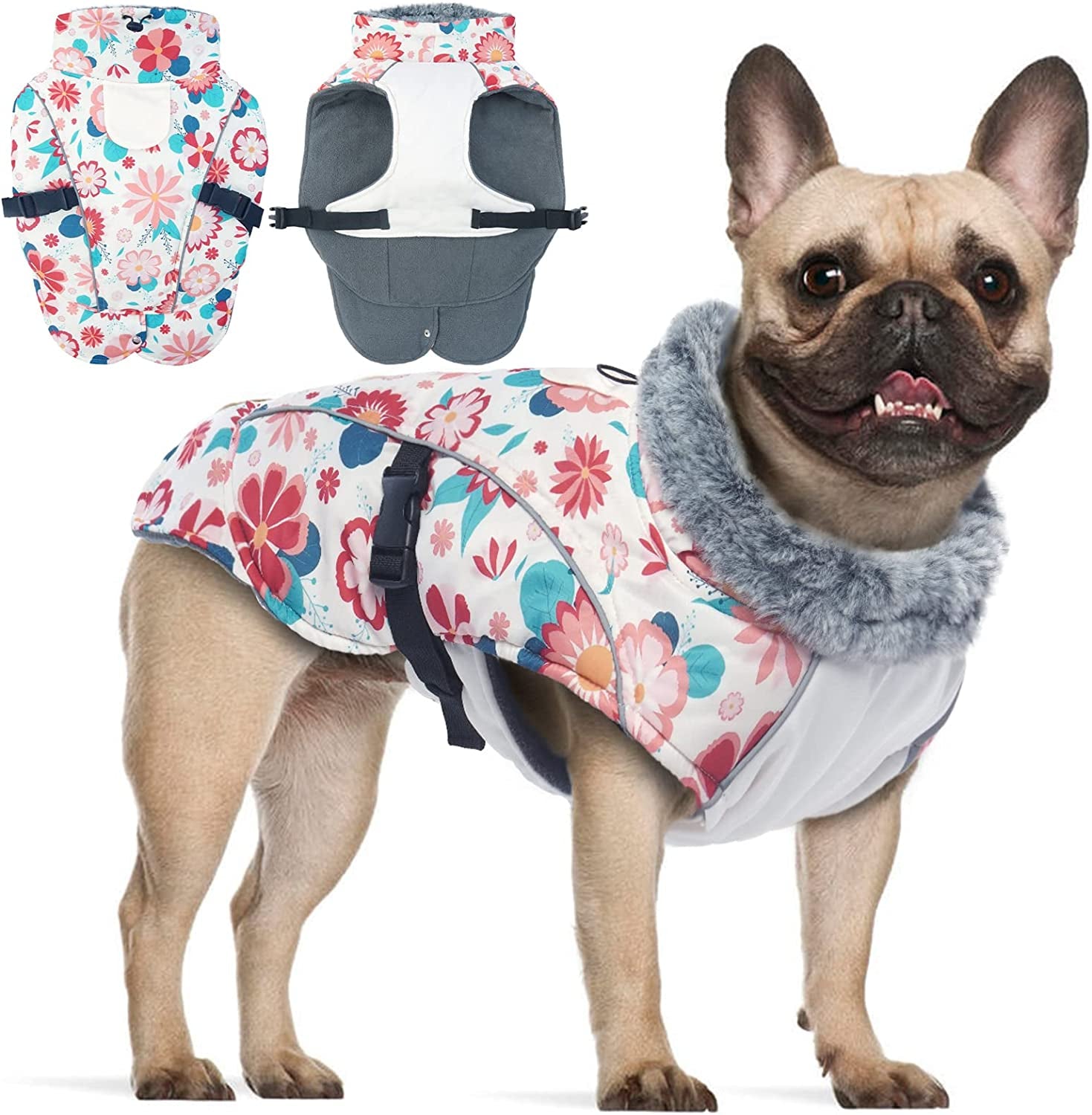 FUAMEY Dog Cold Weather Jacket,Dog Winter Coat with Fur Collar Pet Windproof Warm Vest Doggie Reflective Apparel Small Medium Large Paded Dog Clothes with Leash Hole Thick Dog Fleece Outdoor Coats Animals & Pet Supplies > Pet Supplies > Dog Supplies > Dog Apparel FUAMEY flower Small(chest:14-17in) 