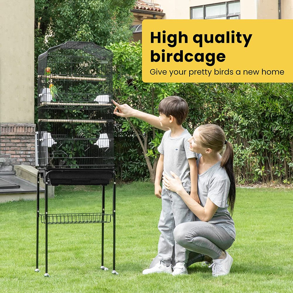 Khorne59.8 Inch Wrought Iron Bird Cage with Play Top and Rolling Stand for Parrots Conures Lovebird Cockatiel Parakeets Black Animals & Pet Supplies > Pet Supplies > Bird Supplies > Bird Cages & Stands Khorne   