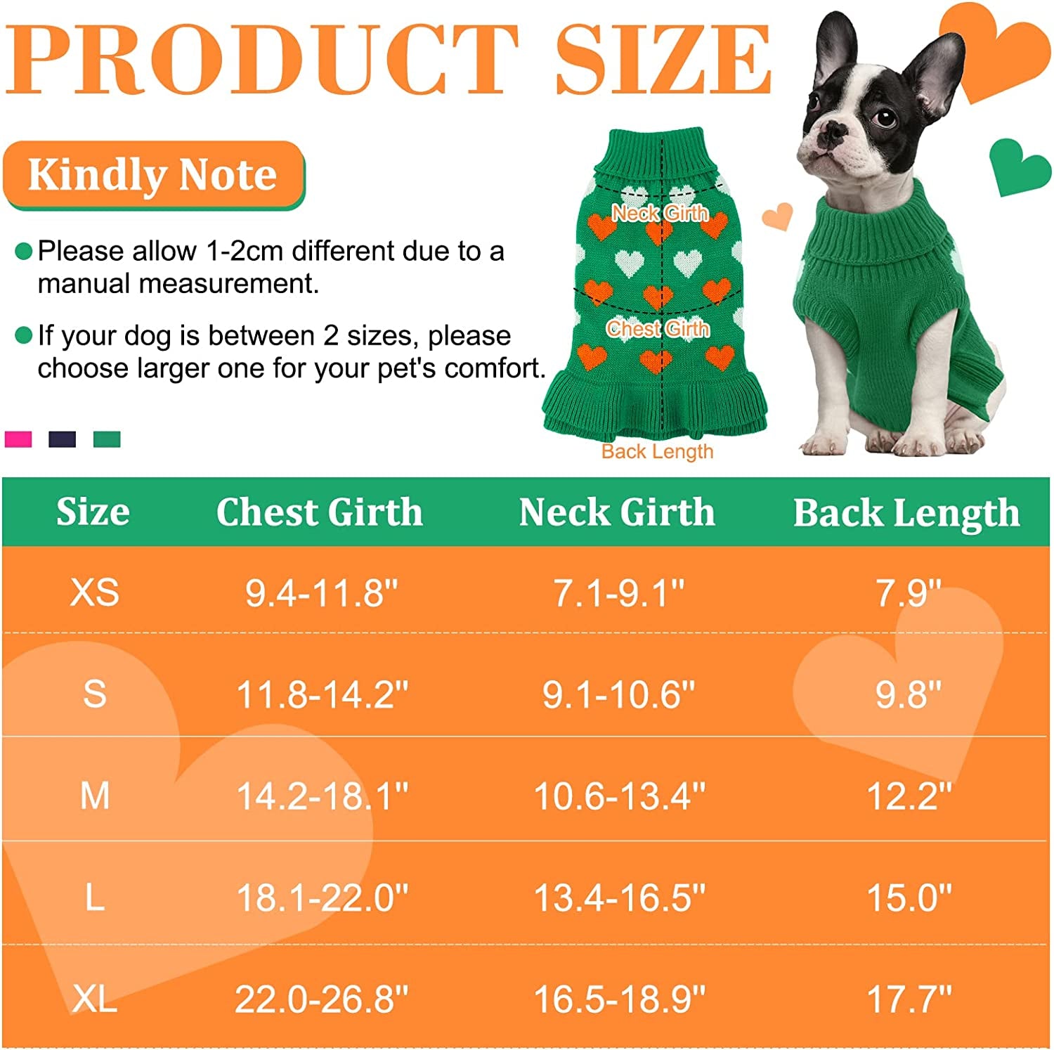 Kuoser Dog Sweater, Knitwear Turtleneck Winter Warm Puppy Clothing, Heart Pullover Pet Coat Cute Dog Sweater Dress for Small & Medium Dogs Cats with Leash Hole Xs-Xl(Green,Xl) Animals & Pet Supplies > Pet Supplies > Dog Supplies > Dog Apparel Kuoser   