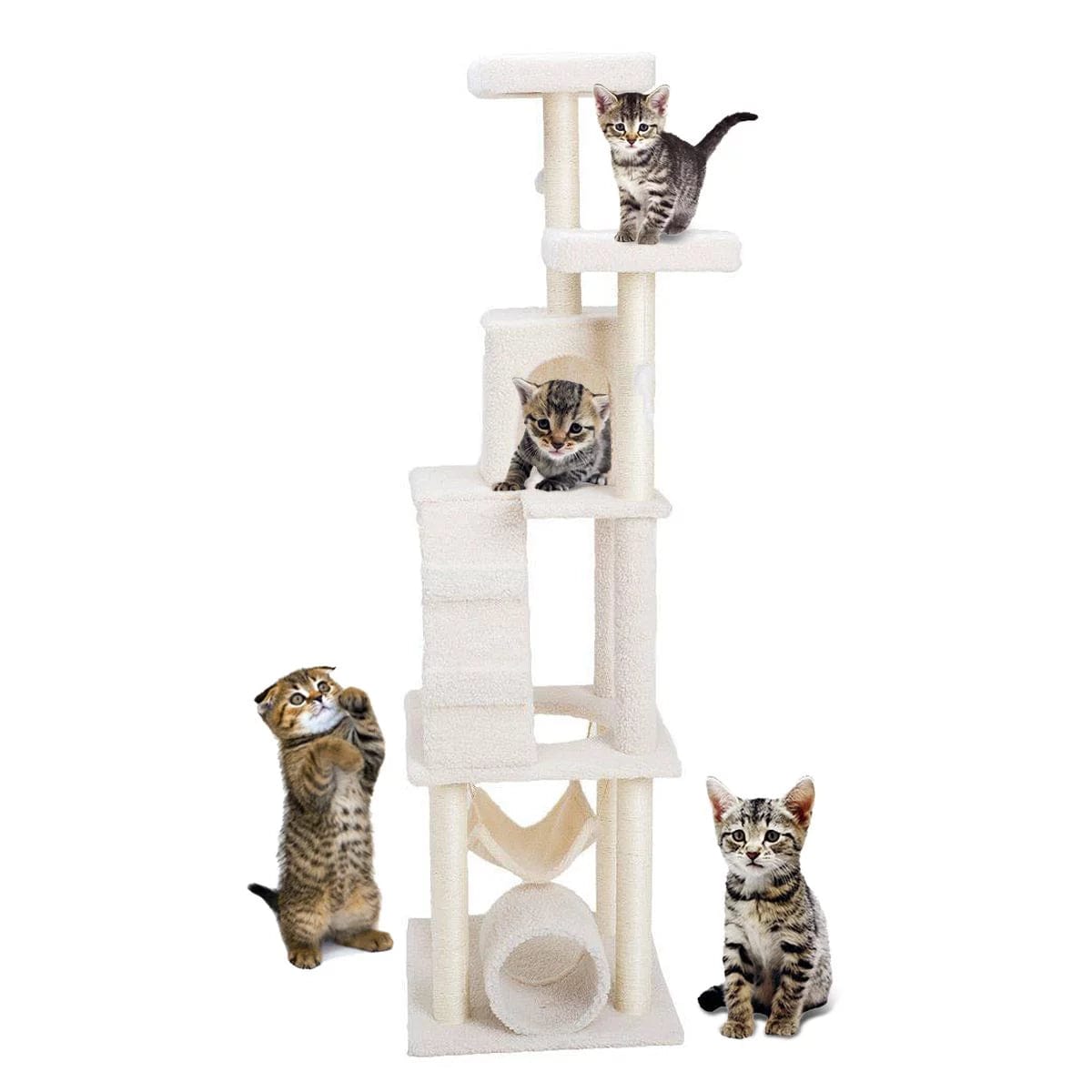 69" Cat Tree Furniture Tower Climbing Tree with Condo/House and Toys Beige/White