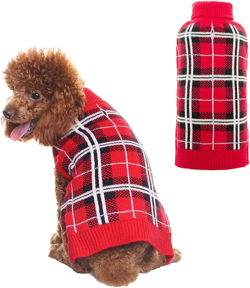 PUPTECK Classic Plaid Style Dog Sweater - Puppy Festive Winter Cloth Animals & Pet Supplies > Pet Supplies > Dog Supplies > Dog Apparel Beibao Red S - Chest 16"-17.75", Length 12" 