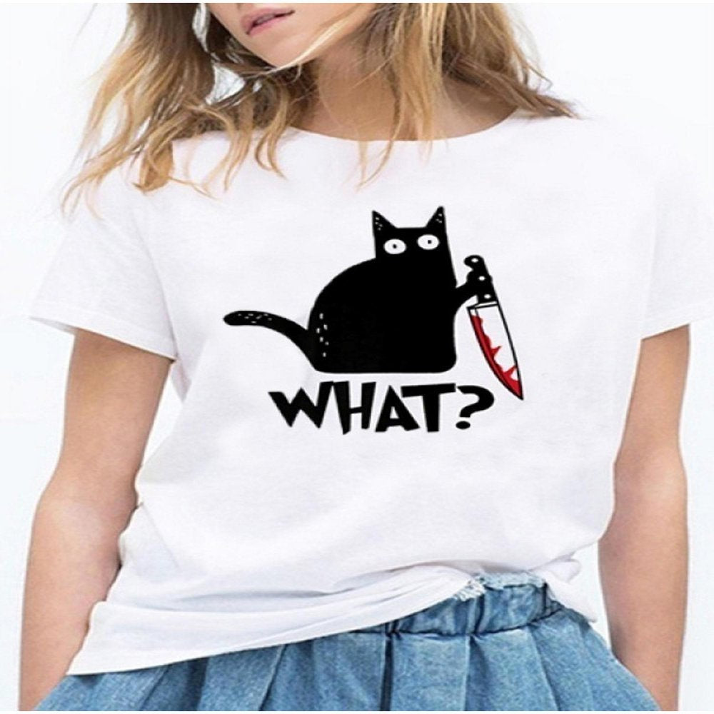 NGMQ Women Cat Printed Funny Short Sleeve T Shirt Halloween Gift Shirt Animals & Pet Supplies > Pet Supplies > Cat Supplies > Cat Apparel NGMQ White XL 