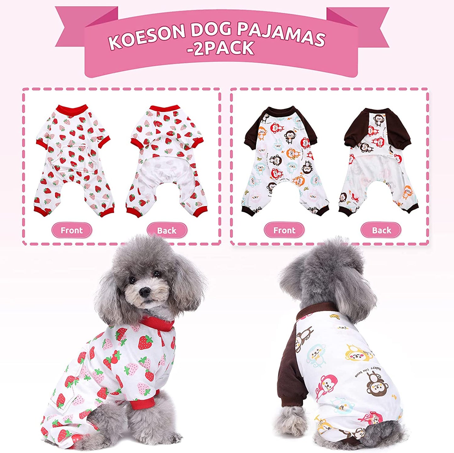 KOESON 2 Pack Cotton Dog Pajamas, Cozy Stretchy Cat Onesie Pet Jumpsuit Clothes with Cute Fruit/Animal Pattern, Soft Breathable Puppy Rompers Bodysuit Shirts for Small Medium Dogs Cats Animals & Pet Supplies > Pet Supplies > Dog Supplies > Dog Apparel KOESON   