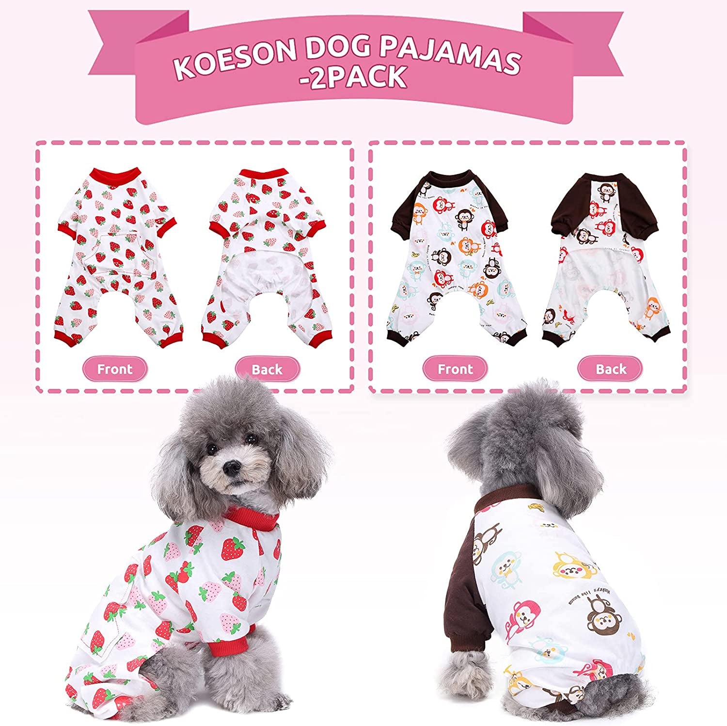 KOESON 2 Pack Cotton Dog Pajamas, Cozy Stretchy Cat Onesie Pet Jumpsuit Clothes with Cute Fruit/Animal Pattern, Soft Breathable Puppy Rompers Bodysuit Shirts for Small Medium Dogs Cats Animals & Pet Supplies > Pet Supplies > Dog Supplies > Dog Apparel KOESON   