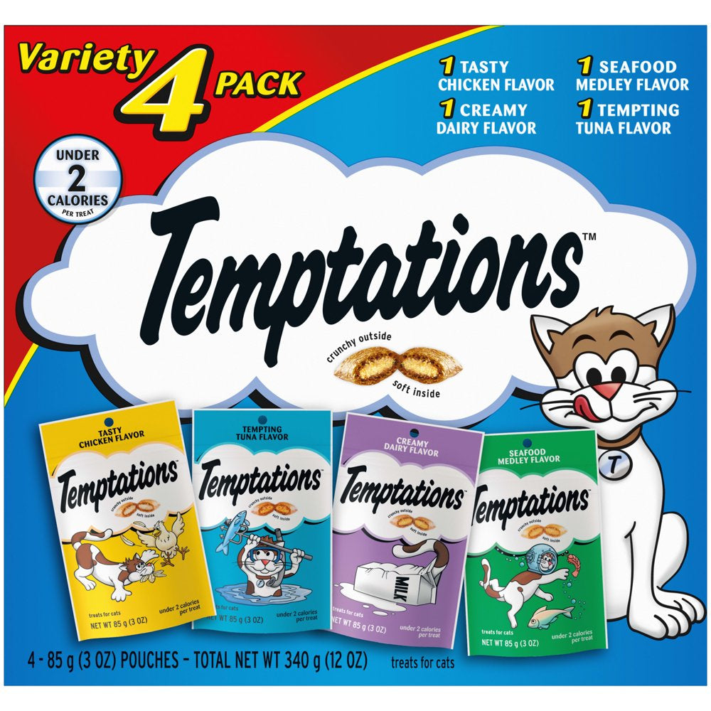 TEMPTATIONS Classic, Crunchy and Soft Cat Treats Feline Favorites Variety Pack, Seafood Medley Flavor, Tasty Chicken Flavor, Creamy Dairy Flavor, and Tempting Tuna Flavor, (4) 3 Oz. Pouches Animals & Pet Supplies > Pet Supplies > Cat Supplies > Cat Treats Mars Petcare   