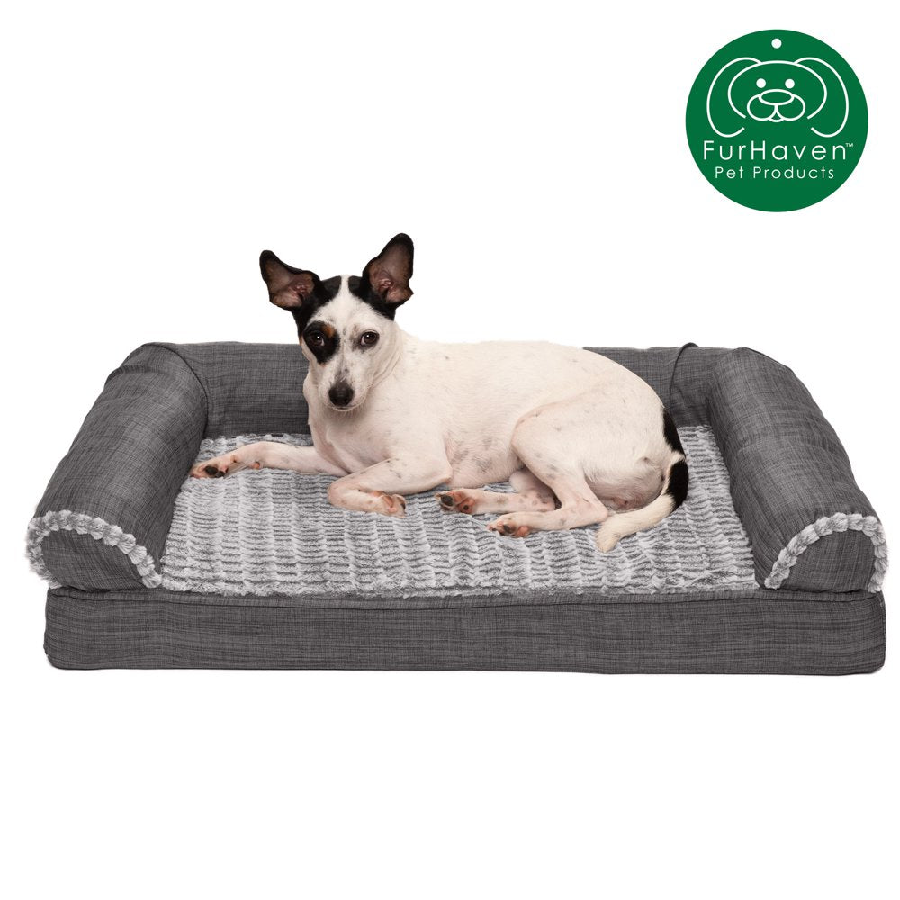 Furhaven Pet Products | Memory Foam Luxe Fur & Performance Linen Sofa-Style Couch Pet Bed for Dogs & Cats, Woodsmoke, Large Animals & Pet Supplies > Pet Supplies > Cat Supplies > Cat Beds FurHaven Pet Memory Foam M Charcoal
