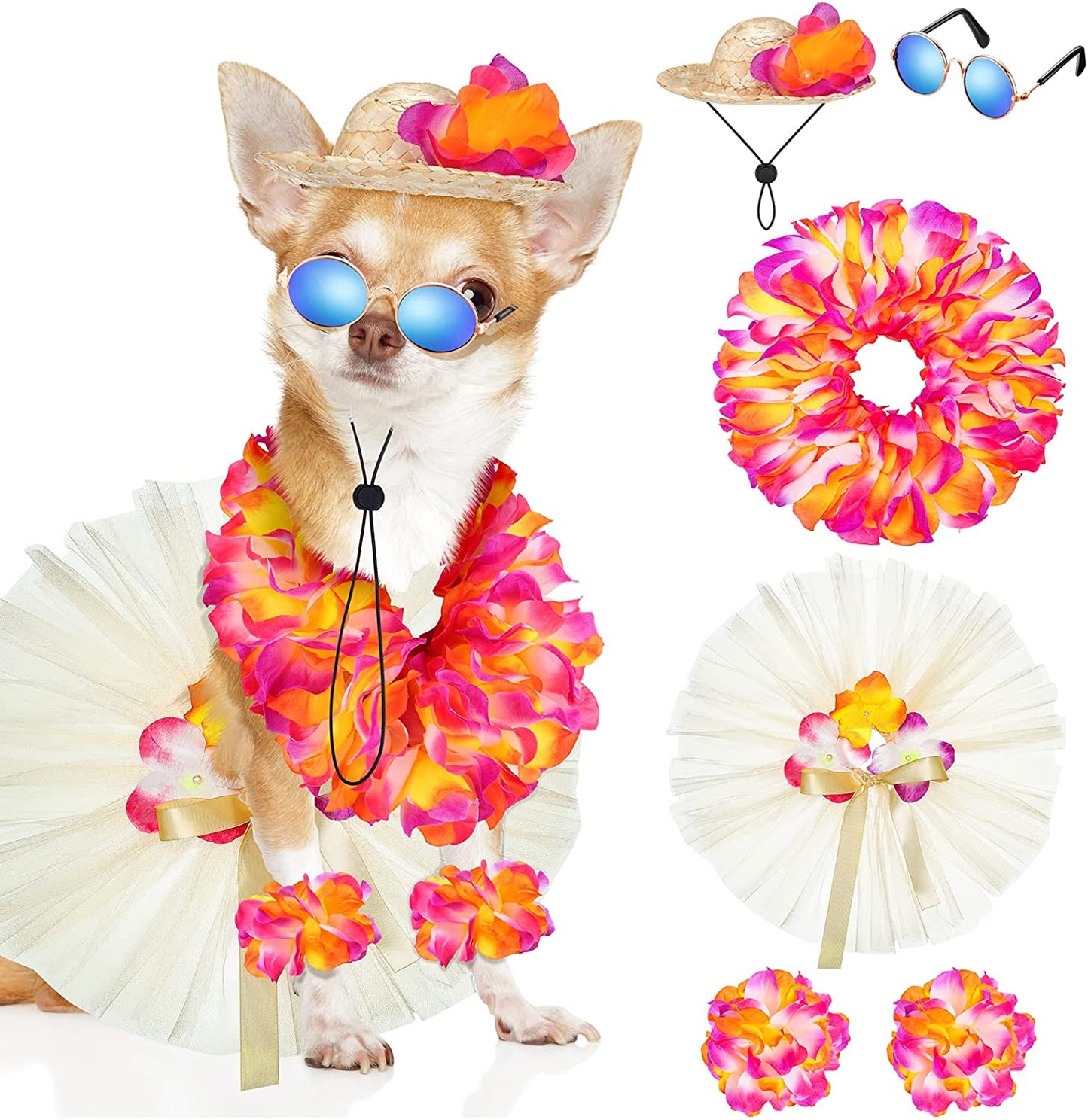 6 Pcs Halloween Pet Dog Hawaiian Costume Includes Dog Tutu Skirt Dog Sunglasses Summer Grass Dog Dresses with Straw Hat and Garland Dog Outfit Dog Costumes for Dogs Puppy Hawaii Luau Party Supplies Animals & Pet Supplies > Pet Supplies > Dog Supplies > Dog Apparel Chunful   