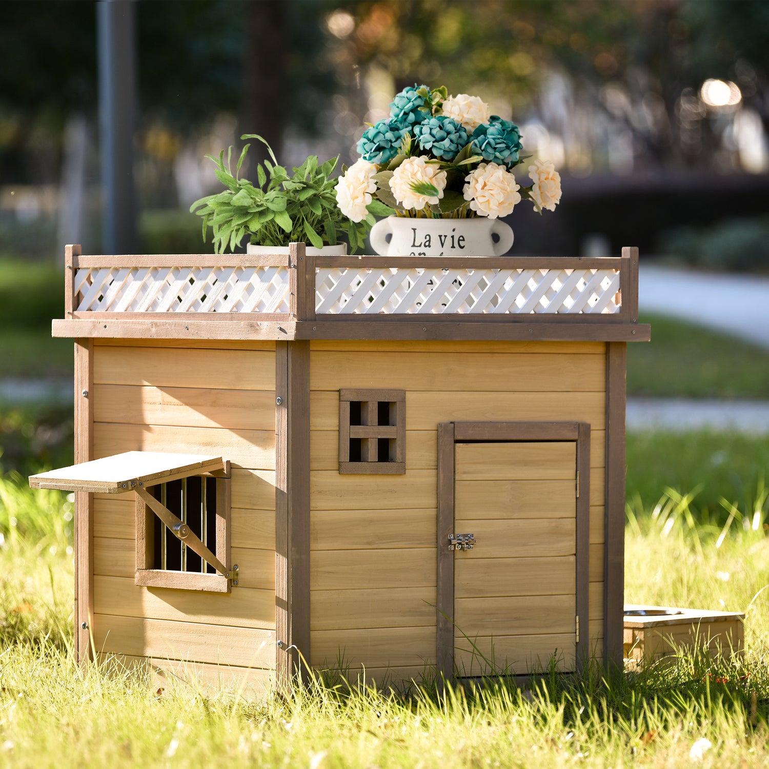 AUKFA 31.5” Wooden Dog House Puppy Shelter Kennel Outdoor & Indoor Dog Crate with Flower Stand - Plant Stand - with Wood Feeder Animals & Pet Supplies > Pet Supplies > Dog Supplies > Dog Houses General   