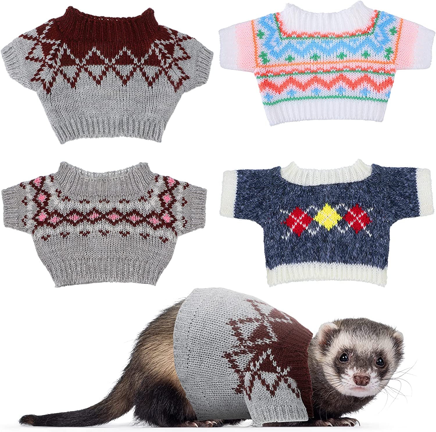 4 Pcs Ferret Clothes Hamster Sweater Guinea Pig Clothes Bunny Costume Knitted Sweatshirt for Warm Winter Valentine Christmas Vest Clothing Ferret Accessories Kit Small Animal Outfit (Heart Style) Animals & Pet Supplies > Pet Supplies > Dog Supplies > Dog Apparel Mixweer Rhombus Style  