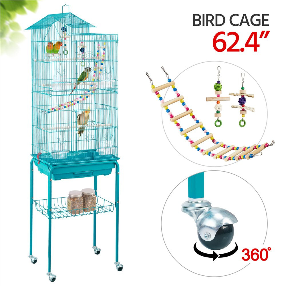 Topeakmart 62.5''H Rolling Metal Bird Cage Large Parrot Cage with with Detachable Stand & Toys, Light Gray Animals & Pet Supplies > Pet Supplies > Bird Supplies > Bird Cages & Stands Topeakmart Teal Blue  